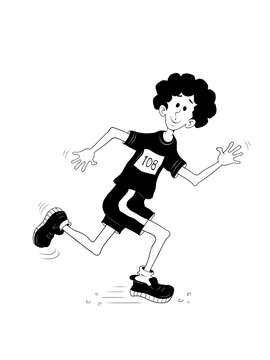 athlete running with marathon number tag on shirt. black and white cartoon character