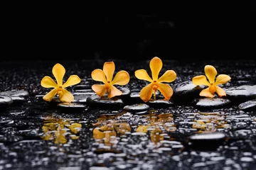 Wandcirkels aluminium still life of with three  yellow frangipani and ,candle zen black stones ,wet background  © Mee Ting