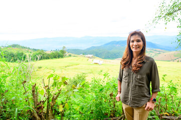Asian Woman with Pa Bong Piang Rice Terraces at Chiang Mai Province