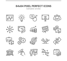 Simple Set of Icons Related to Stock Exchange. Contains such icons as Money Growth, Business Advice, Obligation and more. Lined Style. 64x64 Pixel Perfect. Editable Stroke.