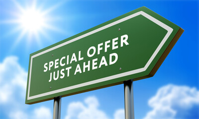 Special Offer, Just Ahead Green Road Sign Over Dramatic Sky, Clouds and Sunburst.