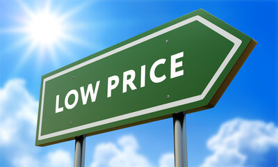 Low Price Green Road Sign Against Clouds and Sunburst.