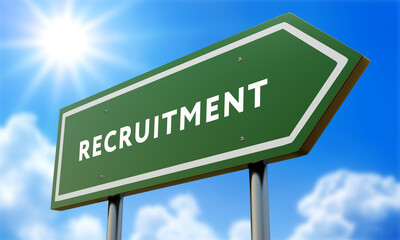 Recruitment Green Road Sign Against Clouds and Sunburst.