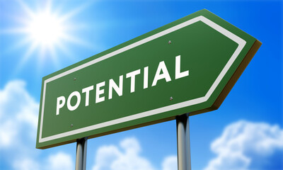 Obraz premium Potential Green Road Sign Against Clouds and Sunburst.