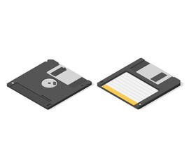 2 sides of an old technology floppy disc isolated on white background. Data storage vector illustration in isometric 3D style