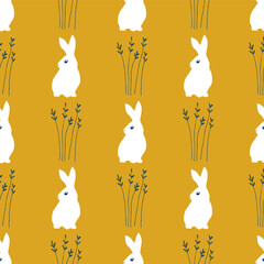 Seamless vector pattern with rabbits and plant.