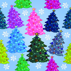 Seamless pattern with cartoon Christmas trees. Festive wrapping paper, fabric, vector