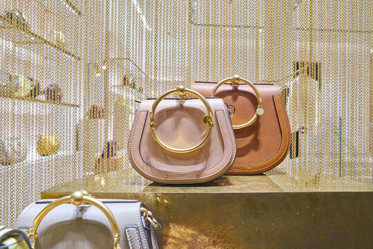 MILAN, ITALY - CIRCA NOVEMBER, 2017: bags on display at a Chloe shop in Milan. Chloe is a French luxury fashion house