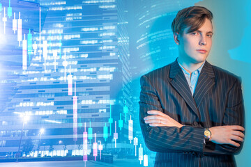 Young businessman. Young guy on the background of skyscrapers. Concept - graph symbolizes the fall. Real estate price fall. Concept - realtor. Descending graph near high-rise buildings. Man.