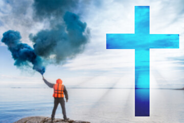 Calling God for help. Concept - man seeks help in religion. Cross as a symbol of religion. Man...