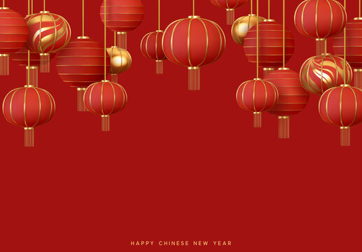 Red hanging lantern Traditional Asian decor. Decorations for the Chinese New Year. Chinese lantern festival. Realistic 3d design vector illustration