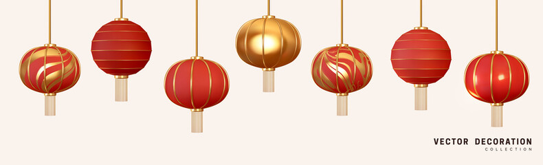 Set Red hanging lantern Traditional Asian decor. Decorations for the Chinese New Year. Chinese lantern festival. Realistic 3d design vector illustration © lauritta