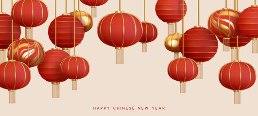 Red hanging lantern Traditional Asian decor. Decorations for the Chinese New Year. Chinese lantern festival. Realistic 3d design vector illustration © lauritta