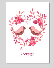 Postcard with birds and pink flowers. Valentines Day. Vector illustration. For invitations, congratulations and designs.