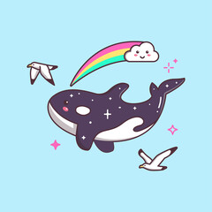 Cute Kawaii Orca Flying with Seagull and Rainbow Drawing Illustraton