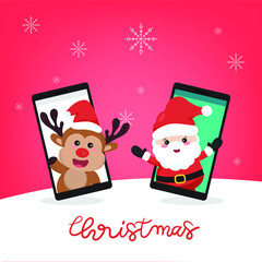 Christmas santa claus and reindeer  coming out of the mobile phone in winter clothes.