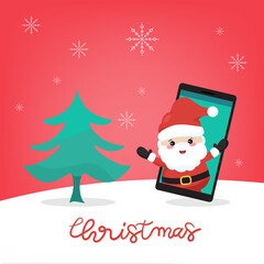 Christmas santa claus coming out of the mobile phone in winter clothes.