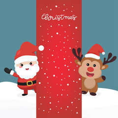 Cute Santa claus and reindeer christmas holding a board. and snow with santa claus lettering.