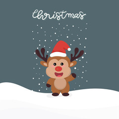 Cute holiday reindeer face.Cute Reindeer and snow with santa claus lettering.