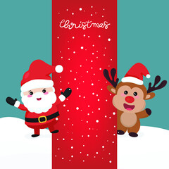 Cute Santa claus and reindeer christmas holding a board. and snow with santa claus lettering.