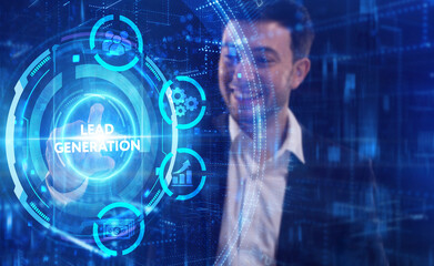Business, Technology, Internet and network concept. Young businessman working on a virtual screen of the future and sees the inscription: Lead generation