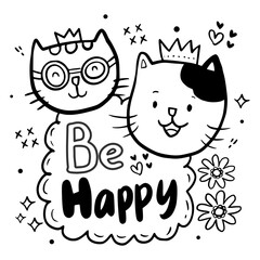Coloring page with cute happy cat quote card