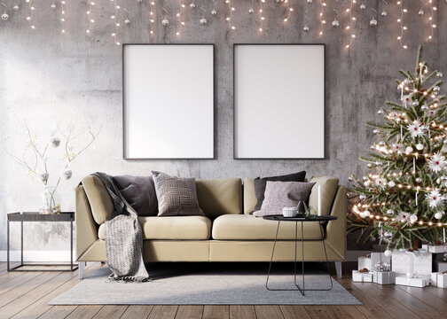Living Room Christmas interior. Christmas tree, toys, gift boxes. Poster Mockup. Canva Mockup. 3d rendering, 3d illustration