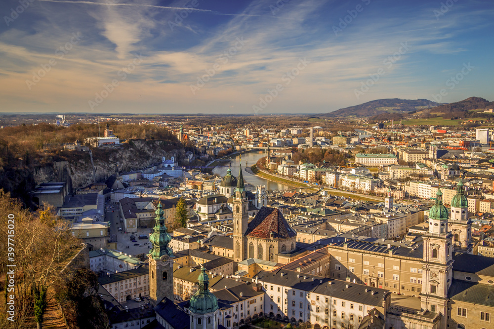 Wall mural Aerial view of Salzburg city at dusk, Salzburg city skyline during the sunset from Salzburg Castle