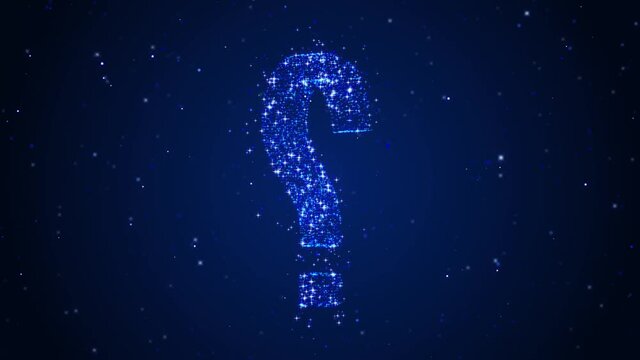 3D illustration of question mark animation footage,shiny and glowing sheres and stars,sparkles and dots,gradient blue background,abstract futuristic question symbol