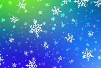 Light Blue, Green vector layout with bright snowflakes, stars.