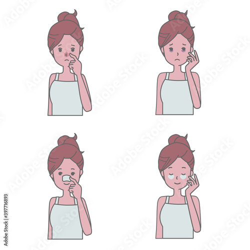 いちご鼻と目の下のクマに悩む女性のイラストセット Wall Mural Tabin