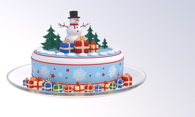 Cake with snowman, Christmas trees, gift boxes, snowflakes, red stars, idea for New Year, Christmas banner, greeting card, design element. 3D rendering