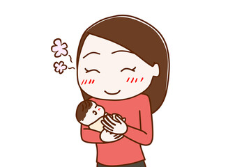 眠っている赤ちゃんを抱きながら癒されて笑顔になる女性