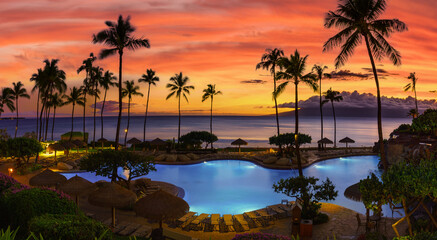 Fototapeta na wymiar Tropical resort with sunset near beach