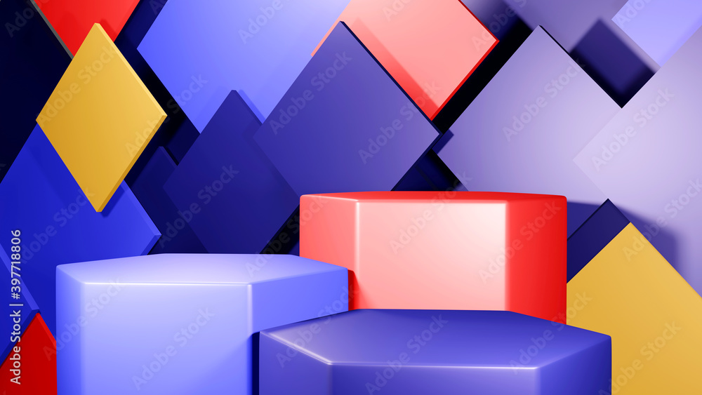 Aufkleber 3d rendering of premium colorful podium mock on colorful square shape background, platform for produ
