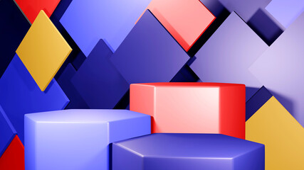 3D Rendering of premium colorful podium mock on colorful square shape background, platform for product presentation.