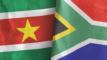Fototapeta premium South Africa and Suriname two flags textile cloth 3D rendering