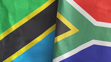 South Africa and Tanzania two flags textile cloth 3D rendering