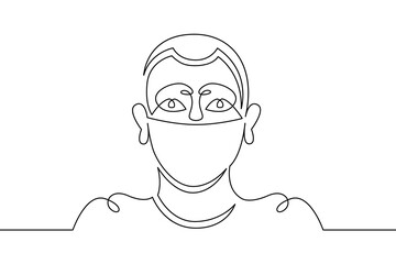 Young male teenager in a protective mask. Social protest and demonstrations . One continuous drawing line, logo single hand drawn art doodle isolated minimal illustration.