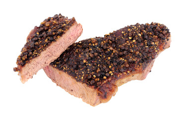Grilled peppered sirloin steak isolated on a white background