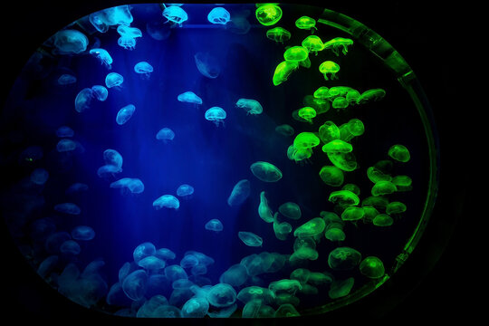 Many transparent jellyfish are in a circular aquarium, the color from the lights makes them glow and have beautiful colors on a black background.