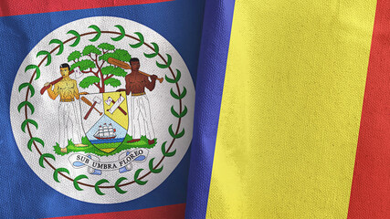 Romania and Belize two flags textile cloth 3D rendering