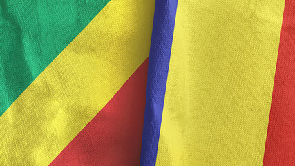 Romania and Congo two flags textile cloth 3D rendering