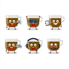 Cup of coffee cartoon character are playing games with various cute emoticons