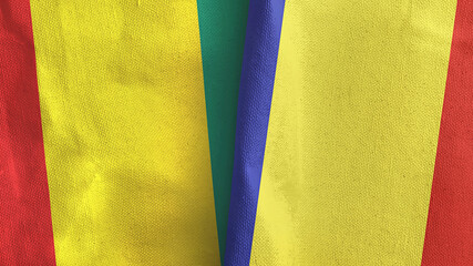 Romania and Guinea two flags textile cloth 3D rendering