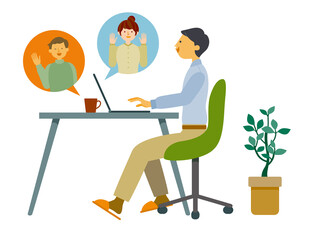 パソコンで連絡をとる男性のイラスト