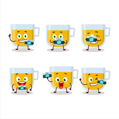 Photographer profession emoticon with cup of lemon tea cartoon character