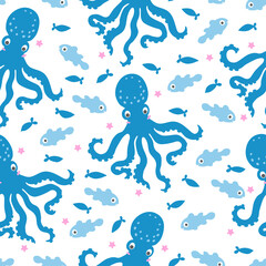 Cute marine kids pattern. Childish seamless with underwater animals. Vector backdrop. Creative texture for fabric, wrapping, textile, wallpaper, apparel. Baby fish sea background. One of 12