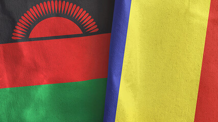 Romania and Malawi two flags textile cloth 3D rendering