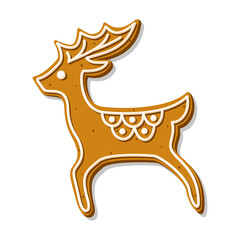 Christmas baked cartoon reindeer toy with glaze ornament. Gingerbread cookies isolated on white background. Vector illustration